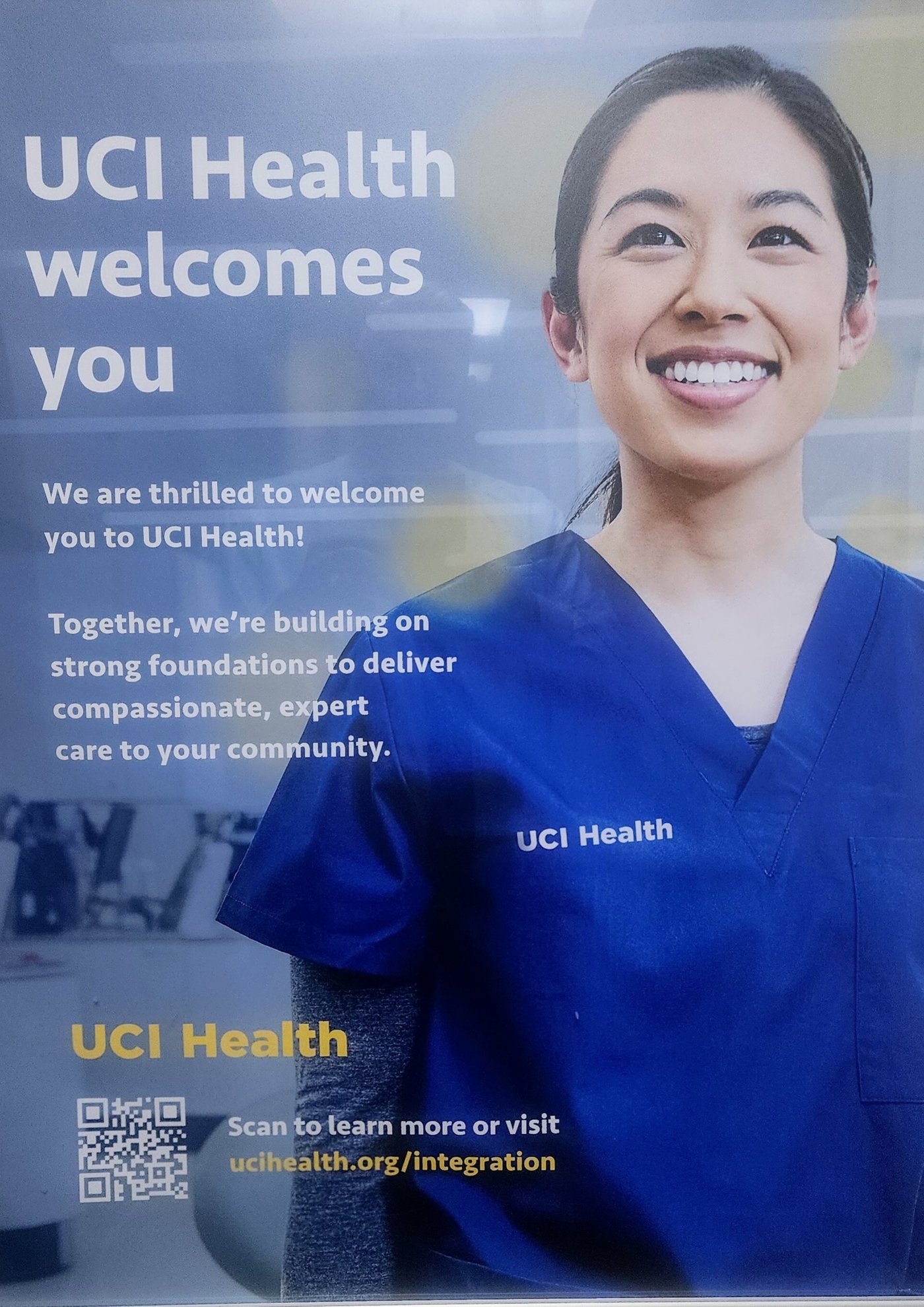 UCI Health welcomes you — framed poster installed in clinical environment for internal staff audience