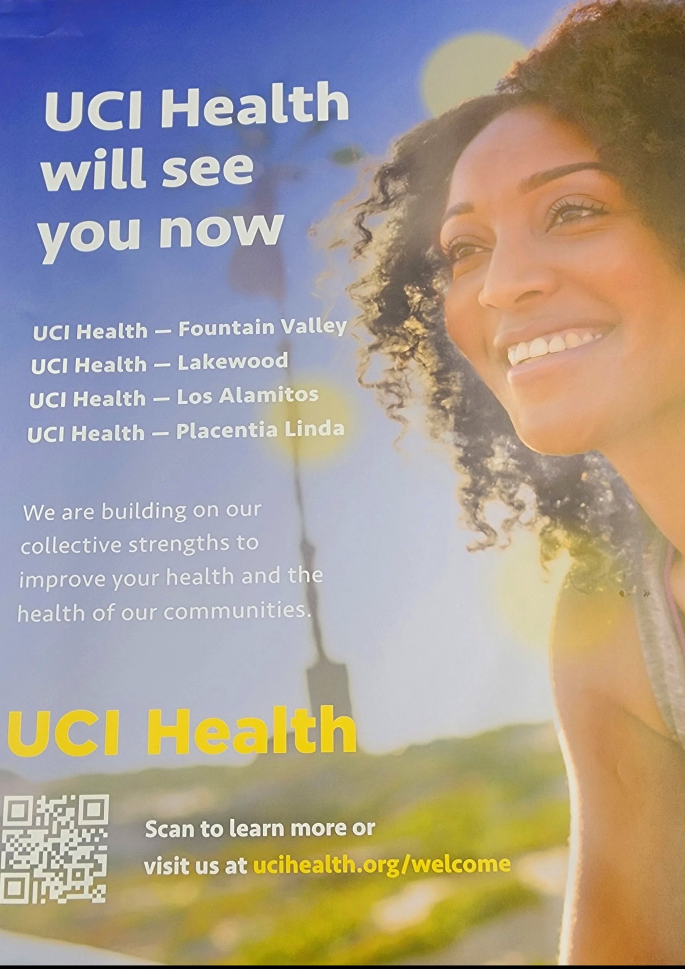 UCI Health Will See You Now framed poster installed in clinical environment featuring four-hospital Community Network